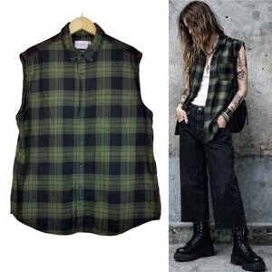 Goodfellow Flannel Sleeveless Shirt Mens XL Green Black Plaid Biker Grunge Punk